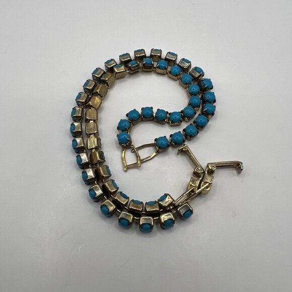 Vintage Beaded Bracelets Set of Two Cabochon Teal Stones Prong Set Gold Tone - Picture 2 of 6